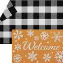 Geelin  Pcs Winter Welcome Mat Snowflake Door Mat Outdoor Black and White Buffalo Checkered Rug Decorative Snowflake Imitation Coir Layering Rug for Front Door Entrance