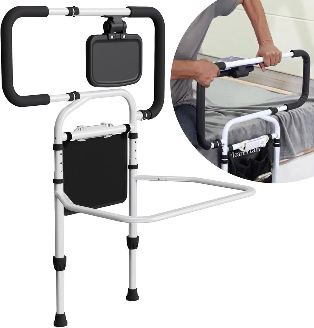 Bed Rails for Elderly Adults Safety, Adjustable Bed Cane for Seniors, Extendable Assist Handle with Side Table, LED Light & Carry Bag, Fits Queen, King, Twin Mattresses (Black + White)