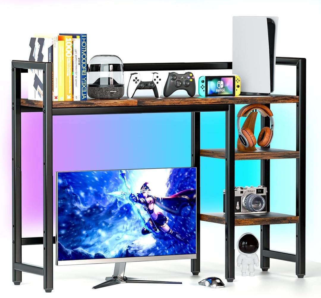 Desktop Organizer Shelf, 38.5" Desk Hutch with RGB Light Strip - 16 Colors & Music Sync, 4-Tier Display Shelf Rack for Monitor, Desktop Bookshelf Storage, Wood Desk Shelf for Gaming & Home Office Dorm (Black)