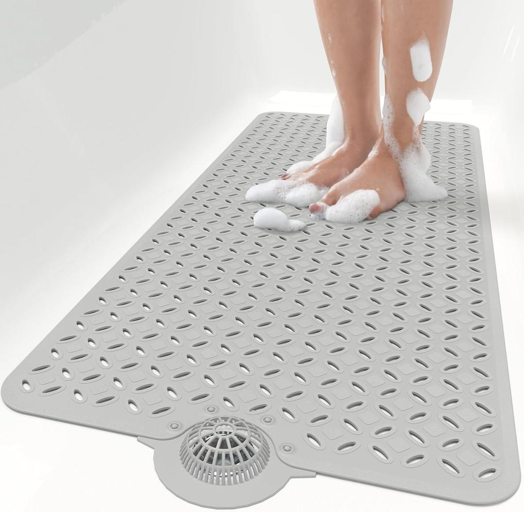 OTHWAY Bath Mat for Tub Non Slip: 39" X 17" Long Bathtub Mat with Hair CatcherBig Drain Holes Shower Mats for Inside Shower Machine Washable (Grey)