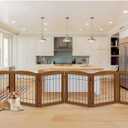 LZRS 6-Panel Extra Wide Wooden Freestanding Dog Gate: Foldable Solid Wood and Steel Wire Chew Resistant Safety Barrier for Doorways, Stairs, and Open Long Spaces Indoor Use, Cherry