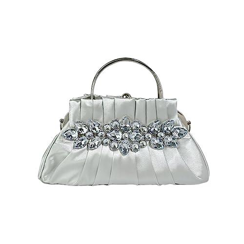 IAMUHI Women Retro Satin Evening Handbag Pleated Rhinestone Clutch Bag Party Wedding Crossbody Shoulder Purse with Chain,Silver