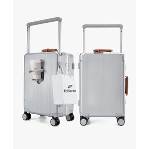 feilario 20'' Aluminum Frame Wide Handle PC Hardside Carry On Luggage - Double Spinner Wheels Luxury Rolling Travel Suitcase with TSA Lock & Cup Holder