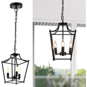 Lantern Pendant Light Black Pendant Light Fixtures 3-Light Black Lantern Pendant Lights, 9.4" Adjustable Farmhouse Pendant Lighting for Kitchen Island Dining Room Foyer