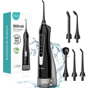 COSLUS Water Dental Flosser Teeth Pick: Portable Cordless Oral Irrigator 300ML Rechargeable Travel Irrigation Cleaner IPX7 Waterproof Electric Flossing Machine for Teeth Cleaning C20(F5020E) (Black)