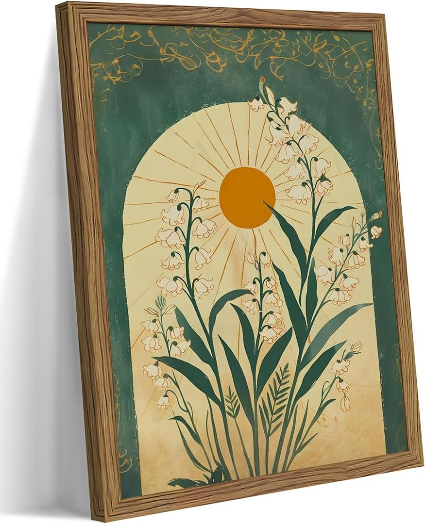 Framed Boho Wall Art, Lily of the Valley Emerald Green Sun Canvas, Mystical Country Botanical Wall Decor, Spiritual Flowers Poster Pictures Print for Bedroom Living Room  12x16 inch