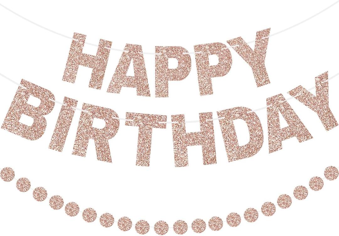 2 x GCQQ Rose Gold Happy Birthday Banner - Glitter Pre-Strung 3M Pre-Strung Letter Garland + 2.5M Rose Gold Dot Garlands Woman Girls Birthday Party Banners Backdrop Decoration Supplies, No DIY