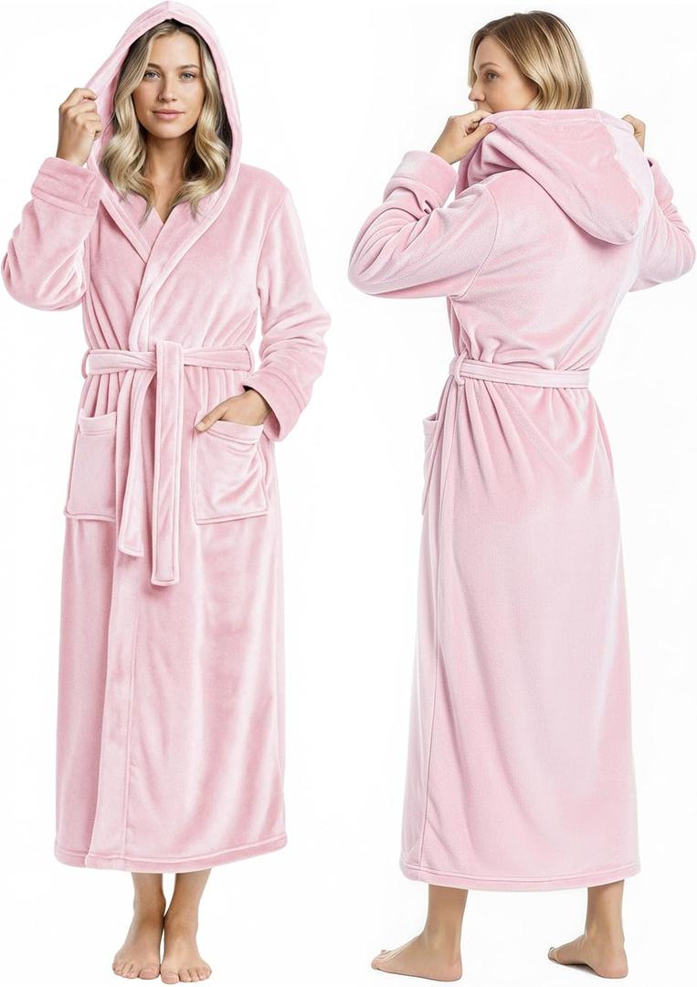 NY Threads Premium Womens Robe with Hood, Plush Fleece Long Bath Robe for Women, Fluffy Soft Women's Bathrobe (Pink, L)