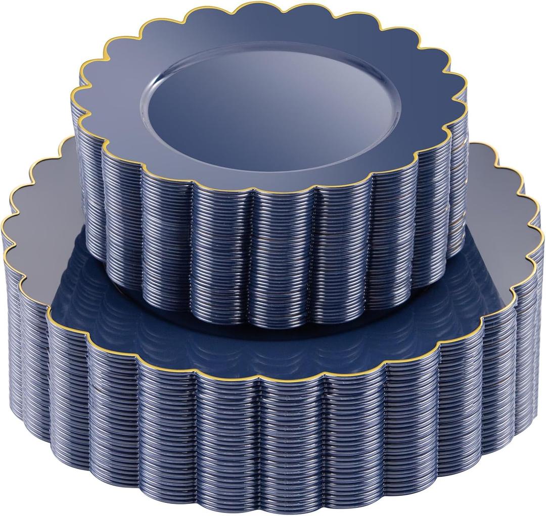 LIYH 60 Pcs Navy Blue and Gold Plates Scalloped Disposable Combo Includes 30 Dessert & 30 Dinner Plates for Monthers Day Birthday Wedding Party