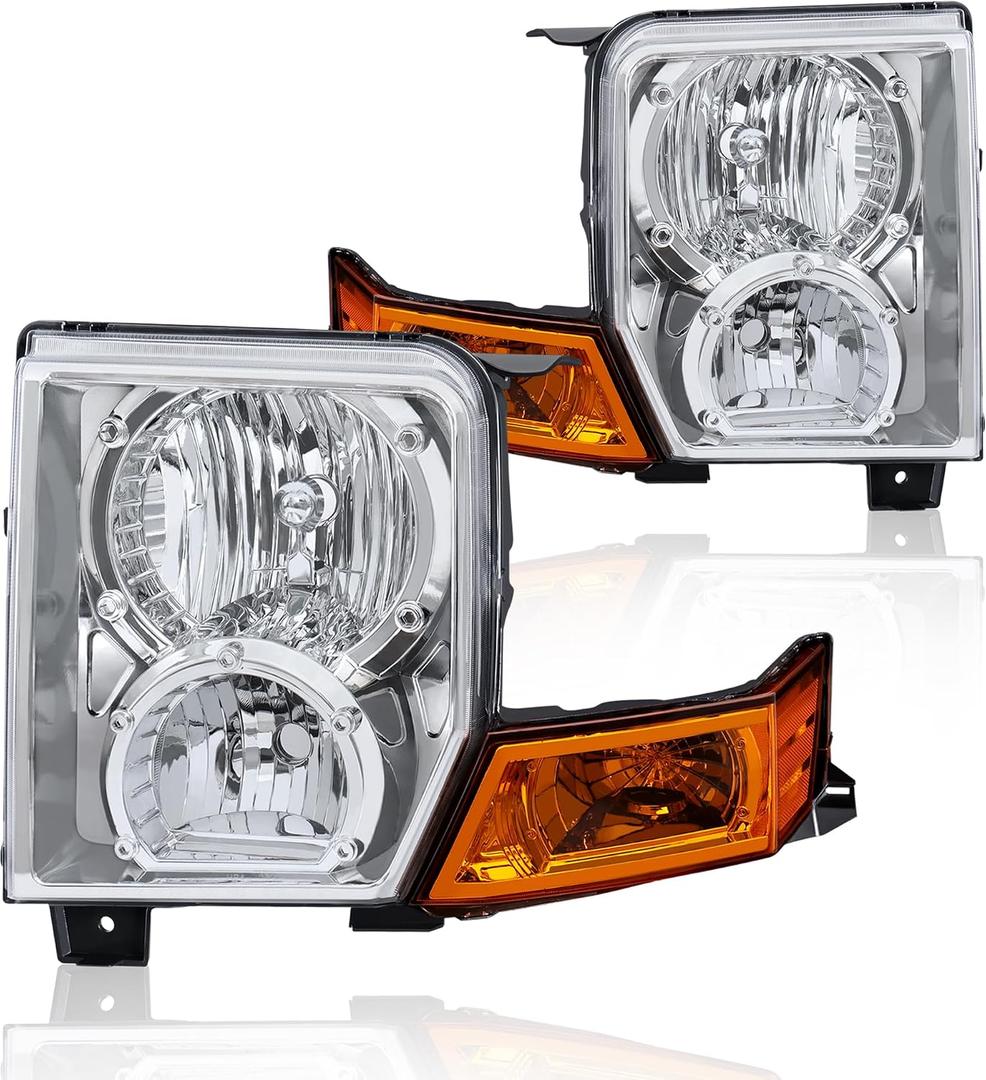 KUIPERAUTO Headlights Assembly Replacement Compatible for 2006-2010 Jeep Commander Sport Utility Halogen with Clear Lens Chrome Housing Amber Reflector Front Lamps Driver and Passenger Side (Set of 2)