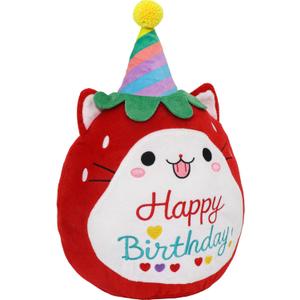 Strawberry Cat Plush Stuffed Animal Red Cat Plush Wear Birthday Hat Kawaii Stuffed Toys Soft Home Plushie Decoration Gifts for Boys Girls