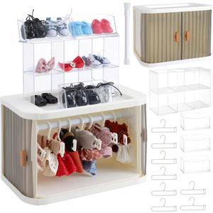 2 x Foldable Doll Wardrobe, Organizer Cabinet with 10 Hangers 3 Storage Box 1 Doll Accessories Display Box & Rod, Doll Clothes Closet for Storing 15/17cm Outfits with Cover & Display Shelf