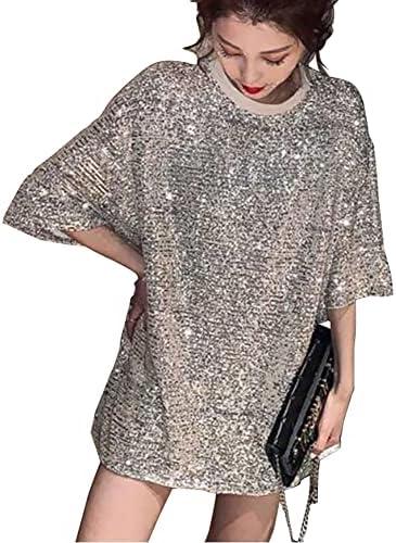 Nite closet Loose Silver Sequin Tops Sparkle Long Shirt for Women Punk Rock Clothing Large