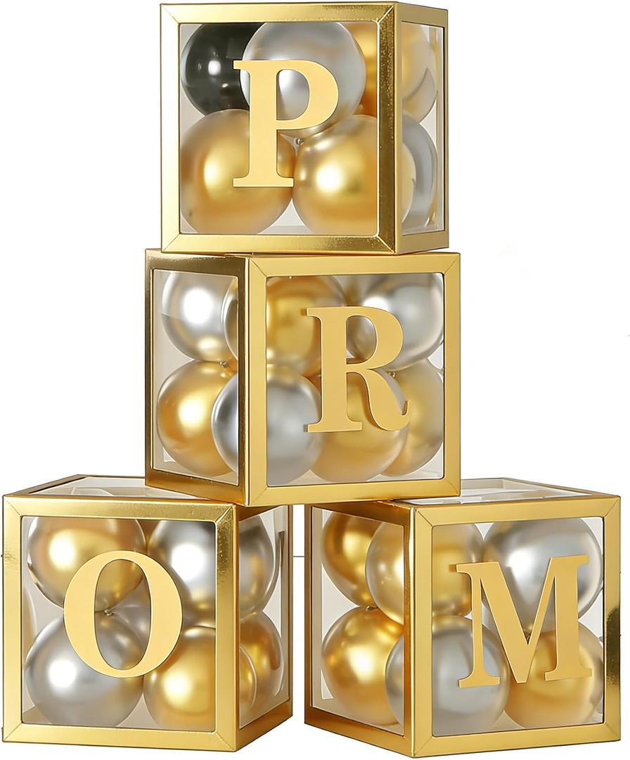 4 Pcs Prom Boxes with Letters 11.8 x 11.8 x 11.8 Inch Gold Transparent Clear Balloon Boxes with 20 Balloons for Prom Decorations 2026