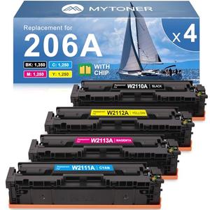 MYTONER 206A Toner Cartridges 4 Pack (with Chip) Compatible Replacement for HP 206A 206X for Color Pro MFP M283fdw M283cdw M282nw Pro M255dw M255nw M283 M255 M282 Printer W2110A W2110X High Yield