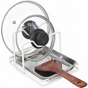 Pot Lid Holder While Cooking, 304 Stainless Steel Spoon Rest with Lid Holder for Countertop, Multifunctional Pan Lid Storage and Utensil Organizer for Stove Top (White)