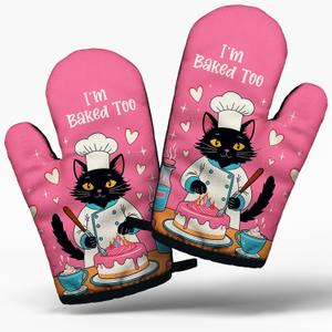 Black Cat Cooking and Baking BBQ Kitchen Gadgets with Heat Resistant Silicone Non-Slip, I'm Baked Too Pink Oven Mitts Set of 2, Gifts for Mom Hostess Bake Lover Chef Wife Sister Colleague Bakers