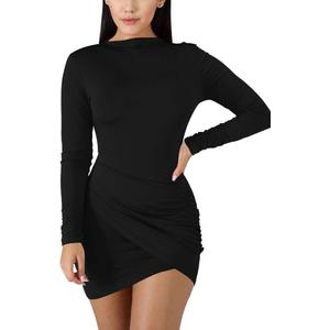 BORIFLORS Women's Sexy Wrap Front Long Sleeve Ruched Bodycon Mini Club Dress (XX-Large, Black)