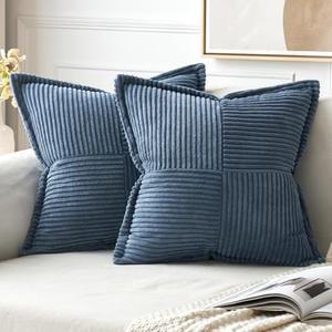 MIULEE Blue Corduroy Pillow Covers 18x18 Inch with Splicing Set of 2 Soft Boho Striped Pillow Covers Broadside Decorative Textured Summer Coastal Pillowcases for Couch Cushion Bed Livingroom