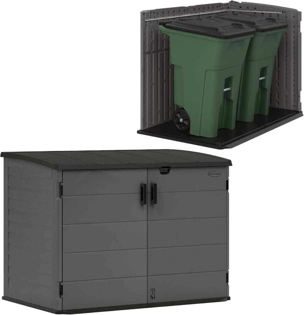 Suncast 70 Cu Ft Stow-Away Horizontal Outdoor Shed - Small Outdoor Storage Shed, Lockable & Weatherproof Resin Plastic, Fits Two 96-Gallon Trash Cans, Bikes, Lawn Mowers, or Garden Tools, Peppercorn, Gray 