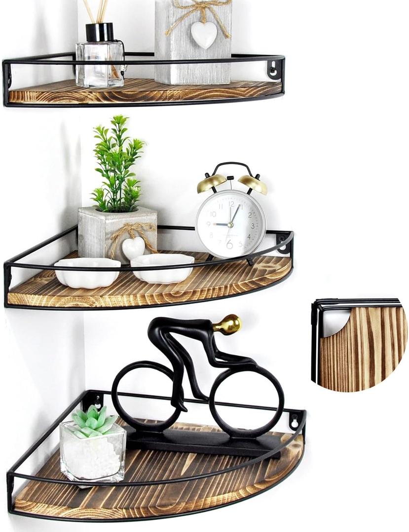 Corner Shelf Wall Mounted, Cord Hole & Guardrail, Set of 3 | Dark Brown, Corner Floating Shelves, For Cable Box, Baby Monitor, Pet Cameras, Speaker, Nursery, Bathroom, Kitchen