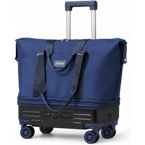 Rolling Duffle Bag with Wheels, Expandable Travel Duffel Bag Carry On Luggage with Detachable Spinner Wheels & Handle, Foldable Weekender Bag Overnight Gym Hospital Bag for Women Men, Navy, Large