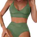 Womens Bathing Suit 2 Piece Tummy Control High Leg Swimsuit V Cut Bottom S, Army Green