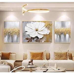Hand-Painted Flower Oil Painting for Living Room, Framed 3D Gold and White Abstract Wall Art for Bedroom, Large 3 Pieces Floral Wall Painting for Office Home Decor 24x64 inches