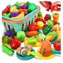 13 PCS Cutting Play Food Toy for Kids Kitchen, Pretend Fruit &Vegetables Accessories with Shopping Storage Basket, Plastic Mini Dishes and Knife, Educational Toy for Toddler Children Birthday Gift