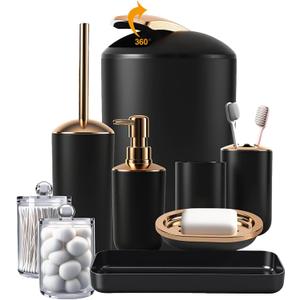 9 Pieces Black Bathroom Accessories Set, Gorgeous Bathroom Set, Trash Can, Toilet Brush, Soap Dispenser and Toothbrush Holder, Soap Dish, Tumber, Qtip Holder, Tray, Sink Countertop Set Decor