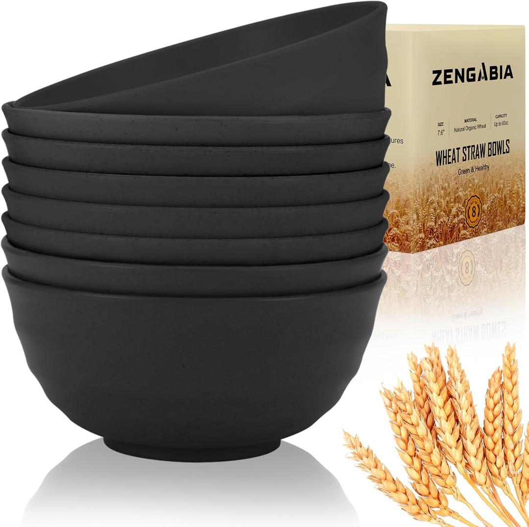 60 Oz Cereal Bowls, Deep Large Plastic Soup Salad Bowls Set of 8, Unbreakable Reusable Wheat Straw Dinnerware Sets Dishwasher Safe BPA-Free for Kitchen Pho Ramen, Black