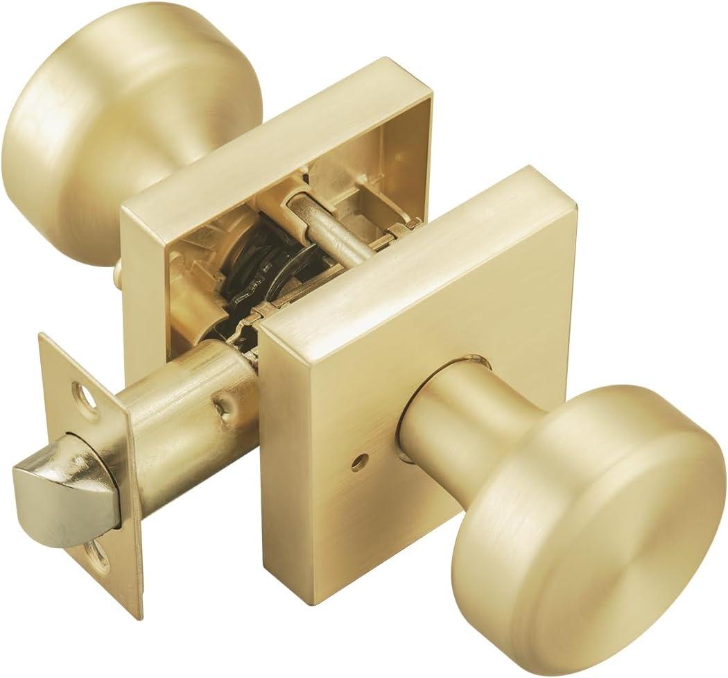 Brushed Gold Door Knobs with Square Rosette, Interior Door Handles for Bath & Bed, Heavy Duty Door Knob with Lock, 1Pc