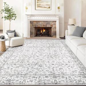 Area Rugs 9x12 Living Room Rug, Washable Vintage Boho Floral Rugs Non Slip Soft Low Pile Distressed Rug Stain Resistant Indoor Carpet for Bedroom Nursery Kitchen Dining Room Office Light Grey