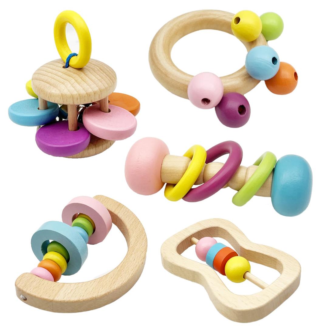 Wooden Baby Rattle, Organic Colorful Baby Rattles Set, Toddler Hand Wooden Rattles Toy Set for Infant Grasping, Sensory Development, Gift for Baby Boys Girls (5pcs-2)