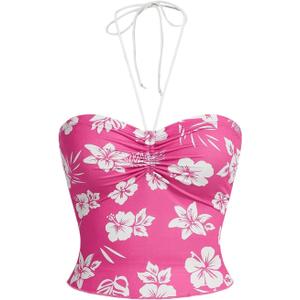 Women's Floral Print Halter Top Sweetheart Neck Ruched Tie Back Slim Fit Crop Tops (Pink, L)