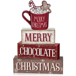 Yousoontic 4 Pcs Hot Cocoa Bar Christmas Wooden Table Decorations Gingerbread Rustic Block Signs Centerpiece Tiered Tray Xmas Wood Farmhouse Tabletop Decor Gift for Kitchen Entryway Home Desk