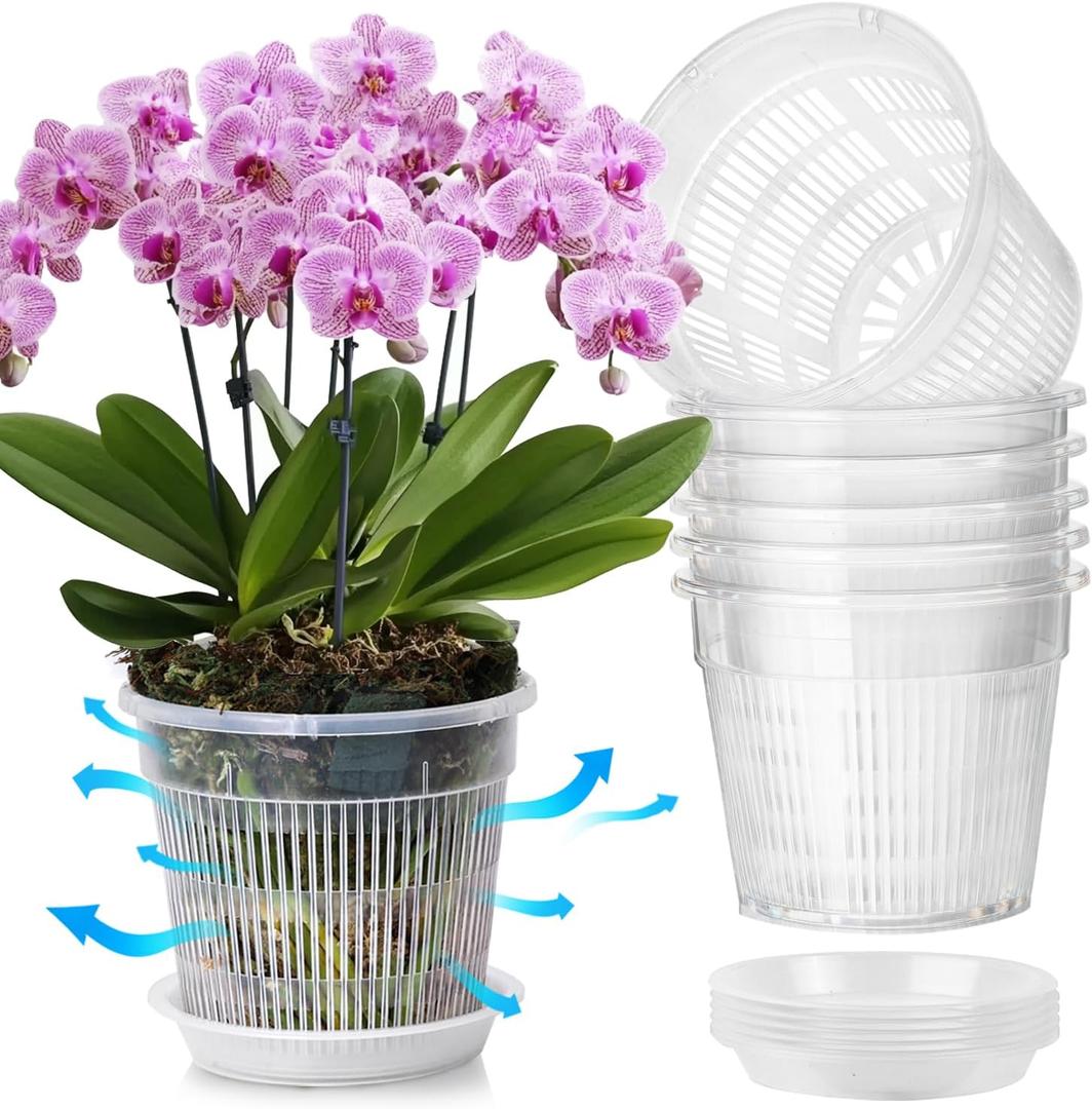 T4U Orchid Pot, 6 Pack 7.5 Inch Orchid Pots with Holes and Saucers, Clear Orchid Pots for Repotting, Plastic Flower Plant Pot for Indoor Outdoor Plants, Large Orchids Planter for Root Health