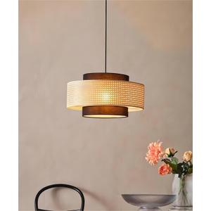 LIGHTLAND Rattan Farmhouse Pendant Light Fixture, Hand Woven Dining Room Pendant Light with Fabric Shade, Rustic Pendant Hanging Light Fixture for Kitchen Island Rattan Pendant Lighting 20''