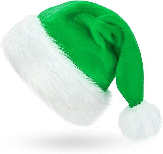 Santa Hat for Adults, Green Plush Santa Hats Velvet Christmas Hat for Home Decoration Party Supplies, Pack of 11