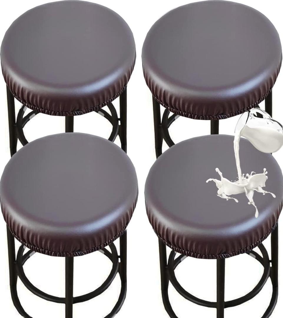 HFCNMY Stool Covers Round, Stretch Waterproof PU Round Bar Stool Covers Bar Stool Seat Covers Bar Chair Covers Washable Stool Cushion Slipcovers for 12-17 Inch Chair (4Pcs,Coffee)