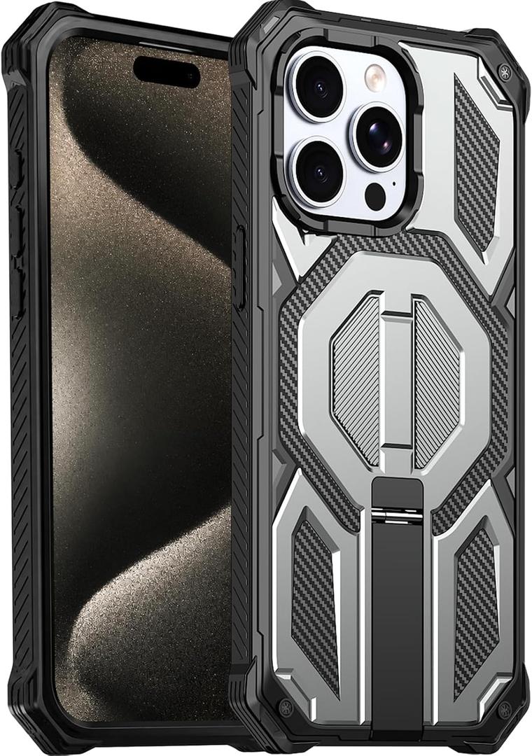 for iPhone 15 Pro Max Magnetic Case with Screen Protectors, Grey | Compatible with MagSafe, Concealed Kickstand, 2 Pack Screen Protectors, Military Grade, Double Layer, Shockproof Protection