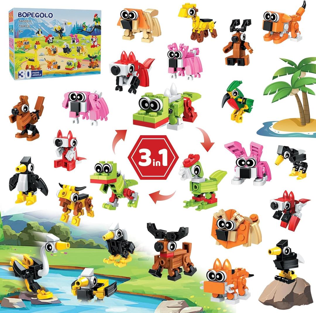 30 Pack Easter Party Favors Building Set for Kids, 750 Pcs Mini Animal 3-in-1 Building Block Kit Sets, Classroom Goodie Bags Stuffers for Kid, Best Birthday Gifts for Boys Girls Ages 6+