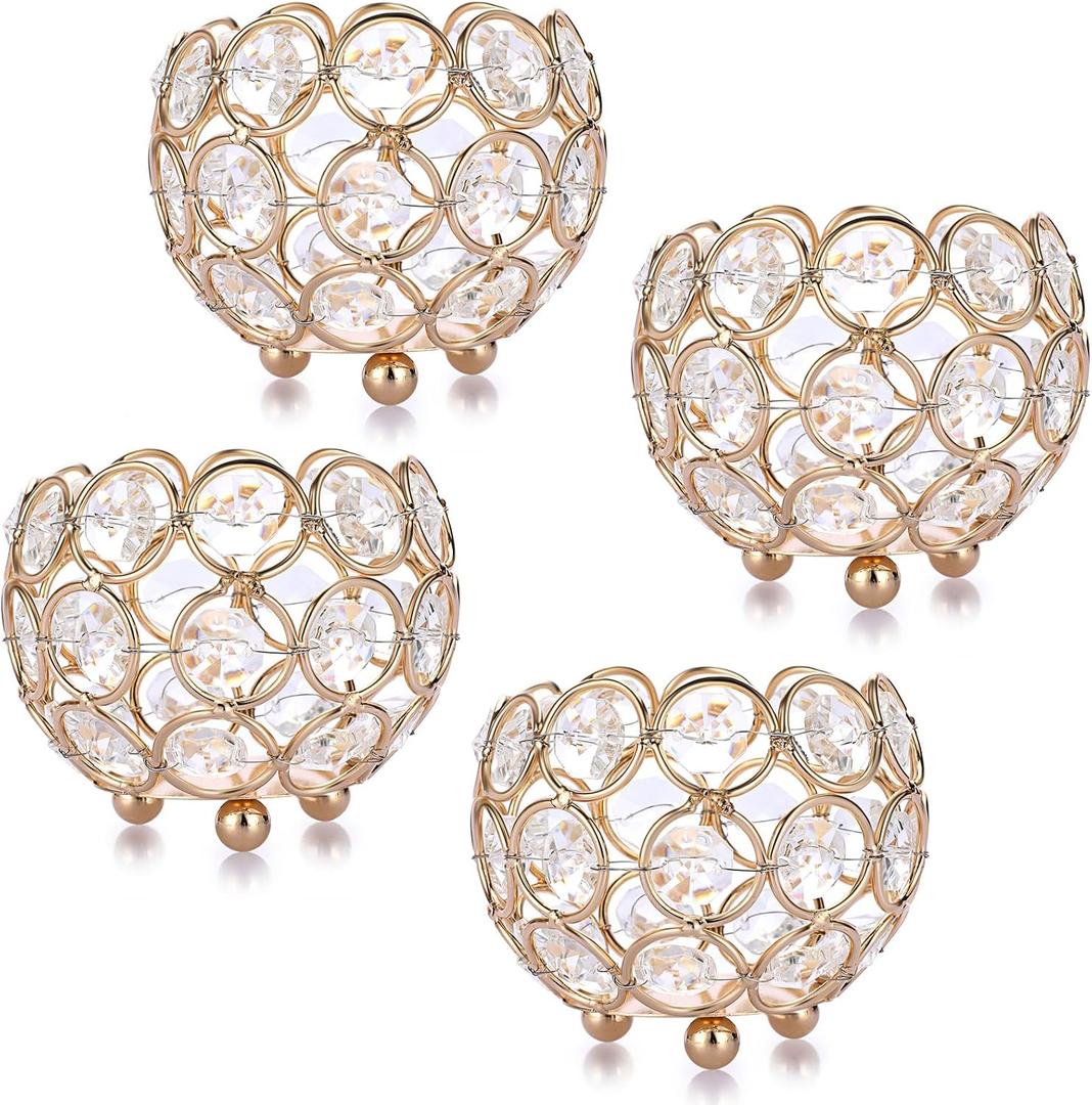 OwnMy 4PCS Gold Crystal Bowl Tealight Holders Small Round Votive Candle Holders, Gold Crystal Tea Light Candle Lanterns Candle Stands for Dining Table Centerpieces Wedding Decors