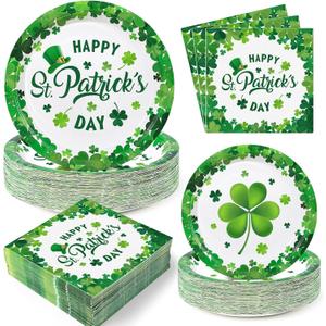 150Pcs St Patrick's Day Paper Plates and Napkins Serve 50, Green Shamrock Paper Plates Dinner Dessert St Patricks Day Napkins, Disposable Party Decorations, Irish Party Supplies Themed Tableware Set
