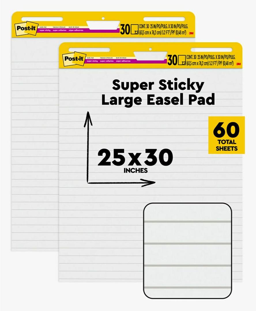 Post-it Super Sticky Easel Pad, 30 Sheets Per Pad, 4 Pads, Large, White Lined, Premium Self Stick Flip Chart Paper, Teacher Anchor Chart, Super Sticking Power