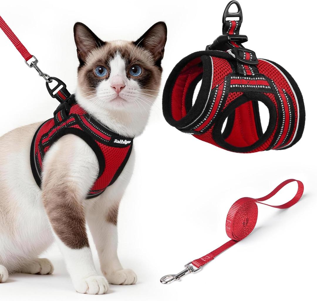 rabbitgoo Cat Harness and Leash Set for Walking Escape Proof, Adjustable Soft Kittens Vest with Reflective Strip for Cats, Comfortable Outdoor Vest, Red, Large