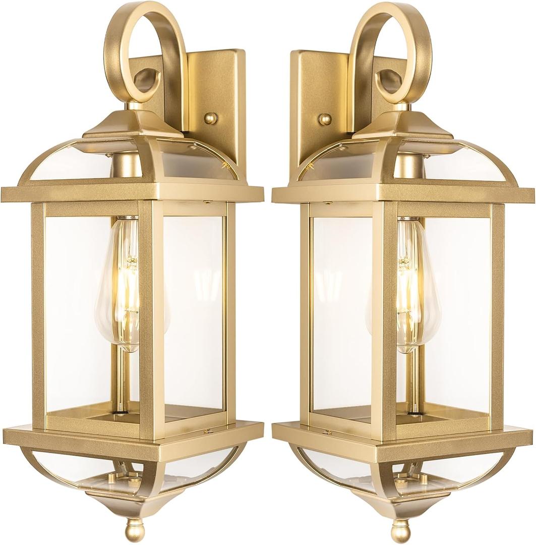 2-Pack 18 Gold Light Fixtures Outdoor Wall Lights Exterior Lanterns, Brass Porch Lights Outside Anti-Rust Aluminum Patio Lights for House Clear Glass Wall Mount Lighting, IP65 Waterproof