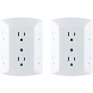 GE 6-Outlet Extender, 2 Pack, Grounded Wall Tap, Adapter Spaced Outlets, 3-Prong Outlet Splitter, Multiple Plug, Quick and Easy Install, Cruise Essentials, UL Listed, White, 40222