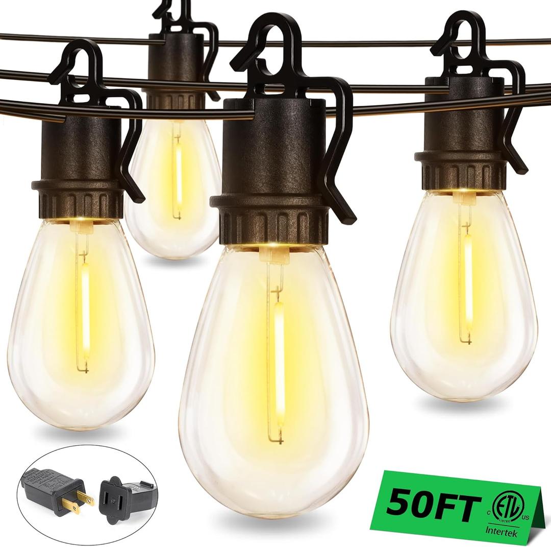 50FT Outdoor String Lights with 25 Shatterproof S14 Vintage Edison Bulbs E12 Sockets, 2700K Dimmable Outdoor Lights, IP55 Waterproof LED String Lights for Outside, Patio, Garden, Backyard, Bistro