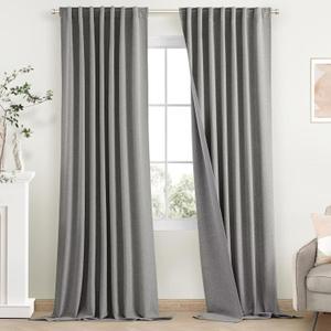 SimpleHome 100% Blackout Linen Grey Curtains 90 Inch Length,Farmhouse Back Tab Living Room Textured Rod Pocket Bedroom Curtains,2 Panels,52" W x 90" L